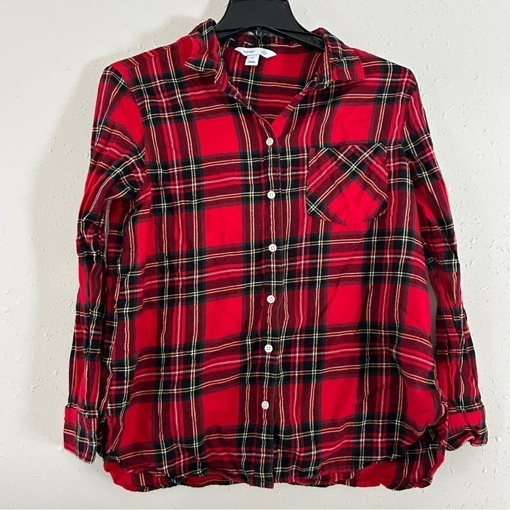 🦋 Old Navy Red Plaid Flannel Button Down Long Sleeve Shirt Casual Comfy XL